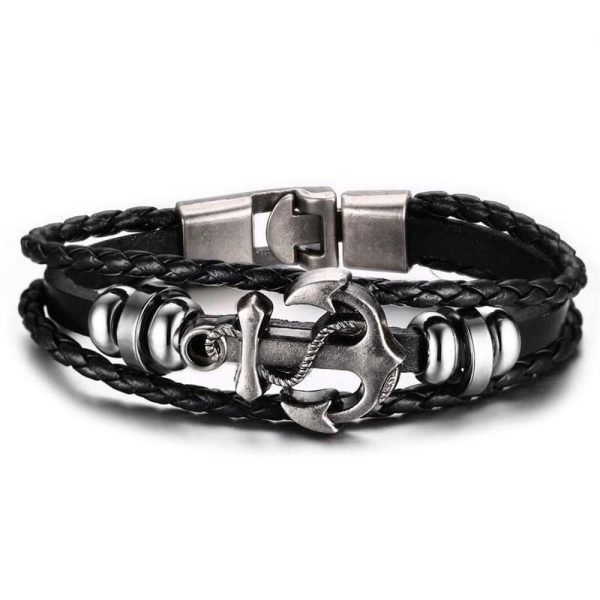 Unisex Stainless Steel Anchor Charm & Leather Bracelet- L/XL