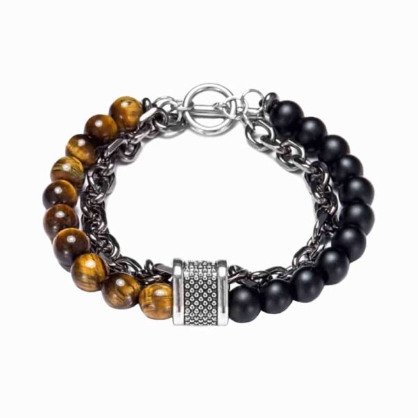 Tiger's Eye Crystal Bead & Stainless Steel Chain Bracelet-L/XL