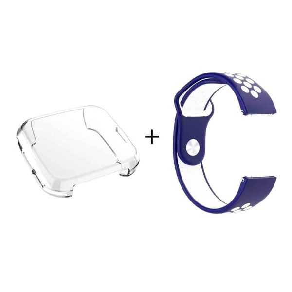 Protector + Silicone Strap for Fitbit Versa-Blue & White- M/L